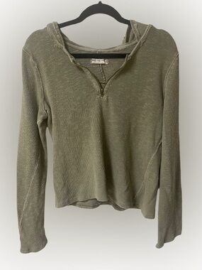 We The Free Pullover Hoodie Large Zipper Waffle Knit Green Brown Crop? Boho Hood